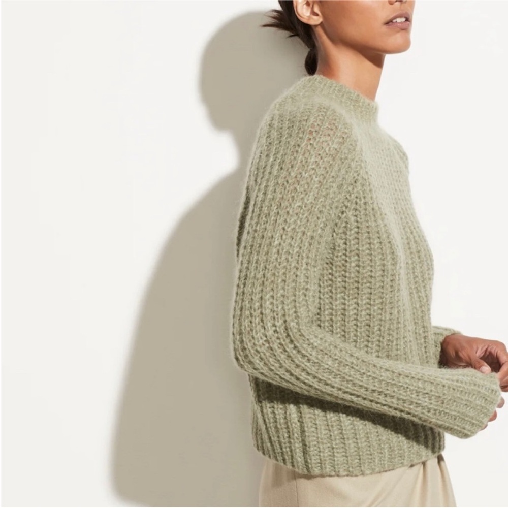 Vince Marled Shaker Stitch Raglan Alpaca Mohair Merino Wool Sweater Green